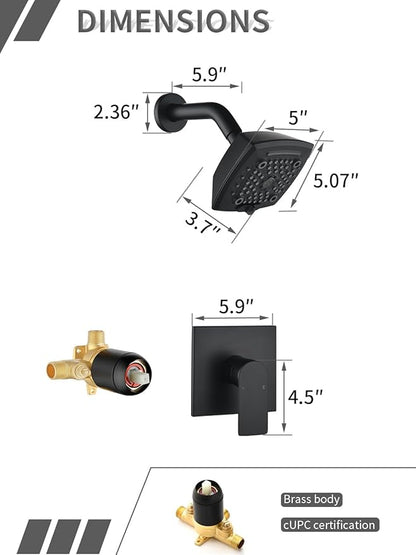 Matte Black Shower Faucet Set 6 Setting Shower Head 5 Inch Shower Trim Kit Modern shower valve kit High Pressure Shower Fixtures Shower System