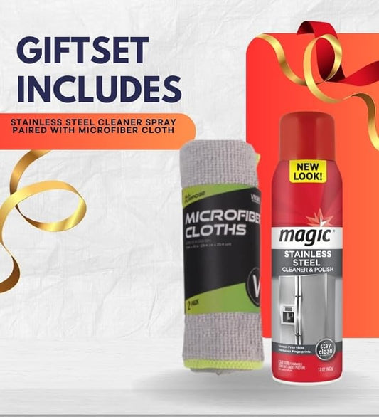 Magic Citrus Scent Stainless Steel Cleaner & Polish 17 oz Spray Bundle with Microfiber Cleaning Cloth — Foaming Formula for Kitchen Appliance Surface Care — Gift Set (2 Items)