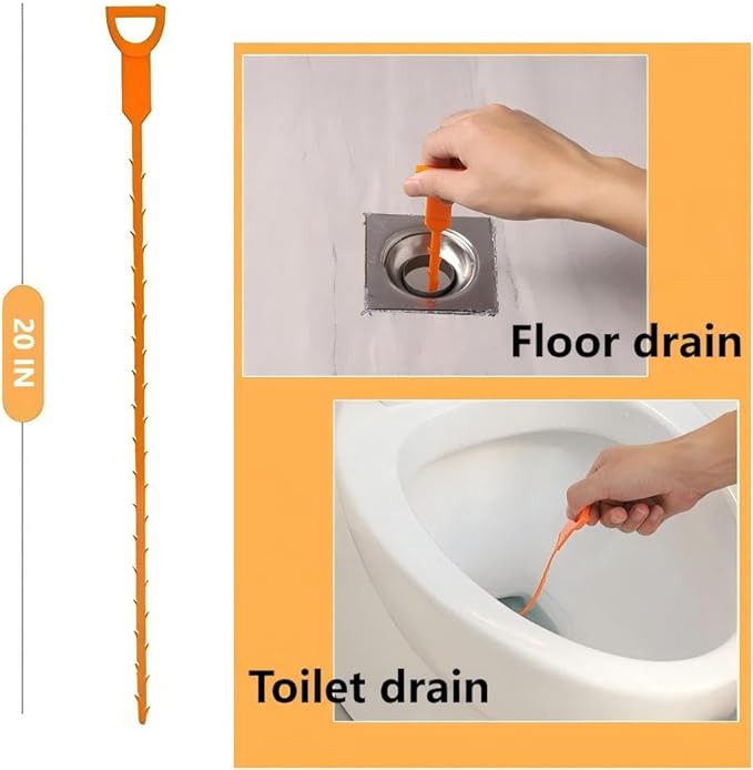 Drain Snake Hair Clog Remover Tool, Orange, Plastic, 20 Inch, Flexible Design for Toilet, Sink, Floor Drain, 3 Pack
