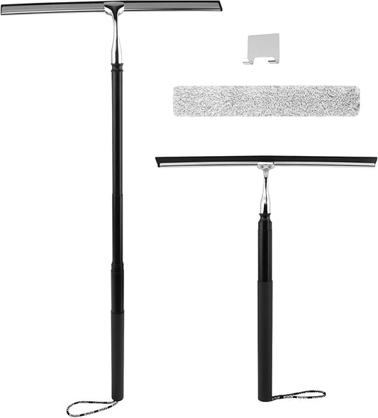 Shower Squeegee with Long Handle and Adhesive Hook, 16.93" to 59.84" Telescopic Squeegee for Window Cleaning, Bathroom Cleaner Window Cleaning Tool for Mirror, Glass, Ceramic Tile(Color:Black)