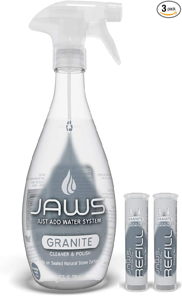 JAWS Granite Cleaner & Polish Bottle with 2 Refill Pods. Refillable Cleaning Supplies.