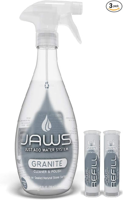 JAWS Granite Cleaner & Polish Bottle with 2 Refill Pods. Refillable Cleaning Supplies.