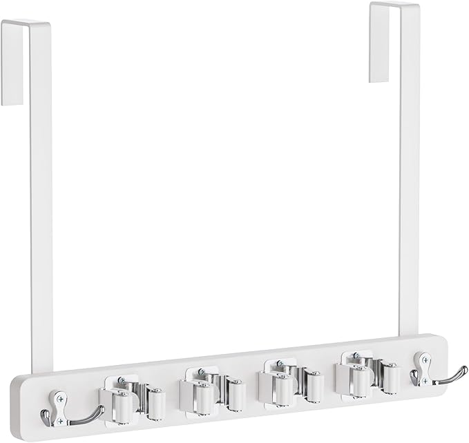 FANGSUN Broom Holder Door Mount Hanging, Over The Door Broom and Mop Organizer with 4 Slots and 4 Hooks, Wooden Tool Rack Storage Hanger for Laundry, Closet, Garage, No Drills