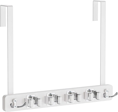 FANGSUN Broom Holder Door Mount Hanging, Over The Door Broom and Mop Organizer with 4 Slots and 4 Hooks, Wooden Tool Rack Storage Hanger for Laundry, Closet, Garage, No Drills