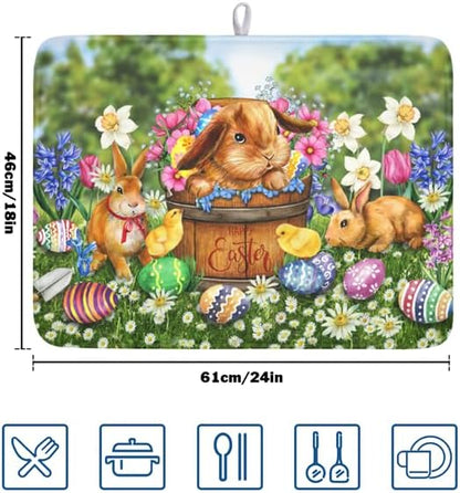Easter Bunnies Eggs Dish Drying Mat for Kitchen Counter,Spring Colorful Flowers Drying Mat 18 x 24 Inch with High Absorbent Microfiber Drainer Mat for Coffee Bar