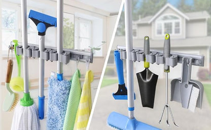 DrDirt Mop and Broom Holder Wall Mount | Heavy Duty Aluminum Mop & Broom Organizer with 3 Slots and 4 Hooks | Wall Mounted Storage for Kitchen, Bathroom, Laundry Room