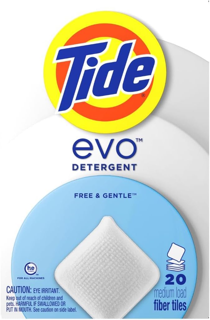 Tide evo Free & Gentle Tiles Fragrance-Free Hypoallergenic Laundry Detergent Fiber Tiles for Sensitive Skin Works on 100% of Common Stains Safe for All Machines and Water Conditions, 40 Count