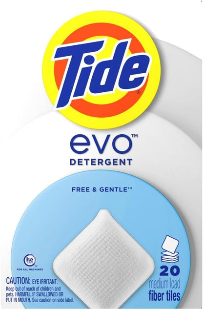 Tide evo Free & Gentle Tiles Fragrance-Free Hypoallergenic Laundry Detergent Fiber Tiles for Sensitive Skin Works on 100% of Common Stains Safe for All Machines and Water Conditions, 40 Count