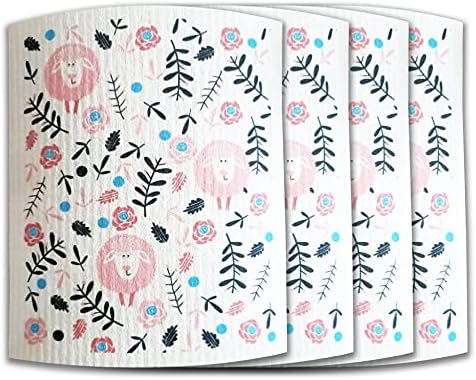 Swedish Dishcloth Reusable Kitchen Dish Towels Absorben and Fast Dry Cleaning Cloths Set of 4 No Odor Wipes (Sheep)