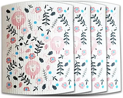 Swedish Dishcloth Reusable Kitchen Dish Towels Absorben and Fast Dry Cleaning Cloths Set of 4 No Odor Wipes (Sheep)