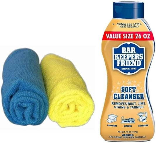 Bar Keepers Friend Cleanser 26oz Liquid (1 Bottle & 2 Towels) – Soft Liquid Cleaner Bundled with Premium Microfiber Towel– Liquid Stainless Steel cleaner for Pots, Pans, Cooktop, kitchen & Glassware