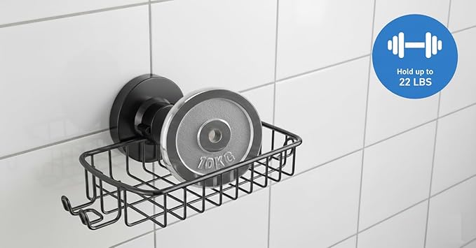 Soap Dish for Shower Suction Cup Powerful Vacuum System Rustproof 304 Stainless Steel Basket Sponges Holder with Razor Hooks for Bathroom or Kitchen Soap Holder (Black)