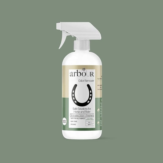 ARBOUR OdorRemover Spray Long-Lasting Barn Smell Neutralizer | Hypoallergenic, Phosphate-Free Cotton + Sandalwood Freshness | Safe for Tack, Helmets, Fabrics | 16 fl oz