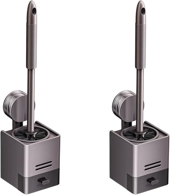 2Pack Toilet Brush and Holder Set,Suction Cups Wall Mounted Toilet Bowl Brush with Hideaway Caddy for Smooth Tiles/Glass,Toilet Cleaner Brush with Drip Tray for Bathroom Toilet RV Yacht Cleaning