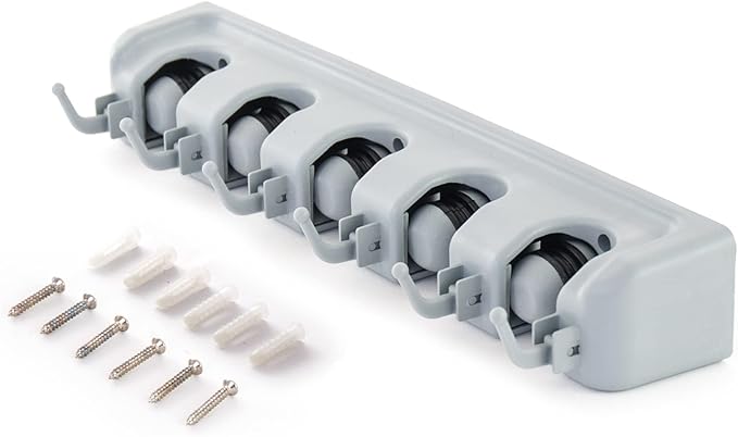 ForHauz Broom Holder with 5 Holding Positions & 6 Hooks, Easy Wall Mount Storage for Organizing Garage or Closet