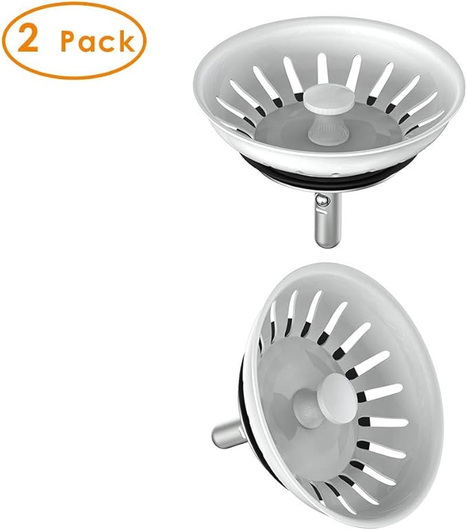KANARY Kitchen Sink Basket Strainer Replacement for Standard Drains (3-1/2 Inch) Stainless Steel Body with Rubber Stopper (Pack of 2, White)