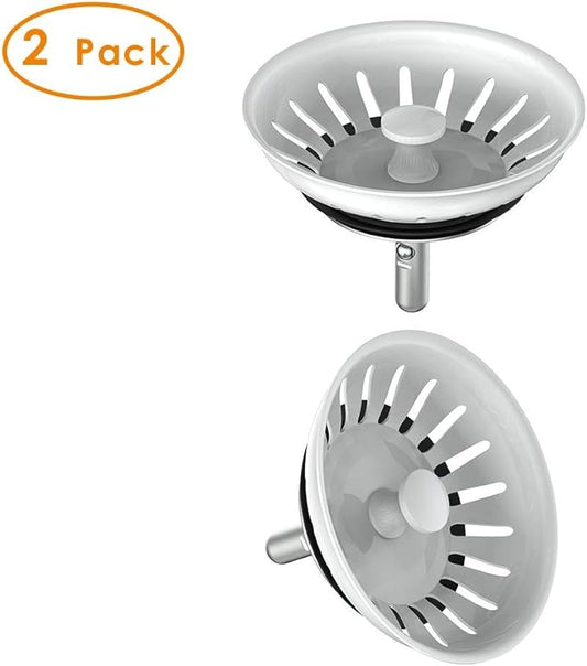 KANARY Kitchen Sink Basket Strainer Replacement for Standard Drains (3-1/2 Inch) Stainless Steel Body with Rubber Stopper (Pack of 2, White)
