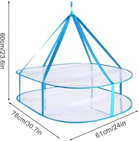 2-Tier Folded Mesh Clothes Drying Rack, Stackable Sweater Laundry Drying Rack, Foldable Hanging Mesh Dryer, Portable Hanging Laundry Rack for T-Shirt, Swimsuit, Underwear (Blue, 30.7"x24"x23.6")
