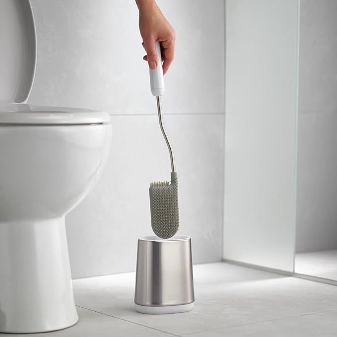 Joseph Joseph Flex Lite Silicone Toilet Brush with Slimline Holder Set, Flexible Head, drip, Anti-Clog deep Clean - Stainless Steel