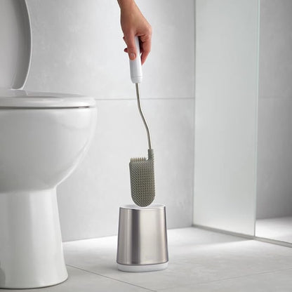 Joseph Joseph Flex Lite Silicone Toilet Brush with Slimline Holder Set, Flexible Head, drip, Anti-Clog deep Clean - Stainless Steel