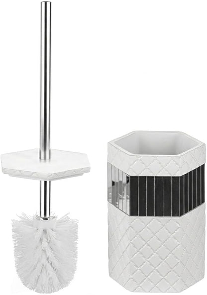 Creative Scents Quilted Mirror Bathroom Toilet Brush Set - White Toilet Bowl Brush and Holder - Good Grip Toilet Bowl Cleaner Brush and Holder - Decorative Compact Toilet Bowl Scrubber