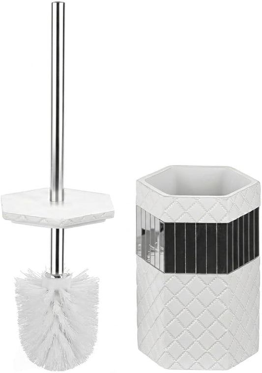 Creative Scents Quilted Mirror Bathroom Toilet Brush Set - White Toilet Bowl Brush and Holder - Good Grip Toilet Bowl Cleaner Brush and Holder - Decorative Compact Toilet Bowl Scrubber