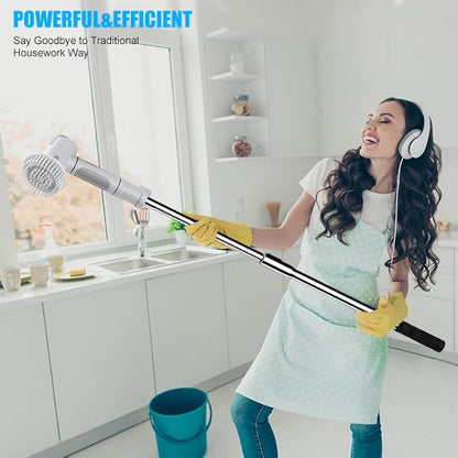 Electric Spin Scrubber, Scrub Brush Dual Speed, Power Shower Scrubber with 6 Replacement Head, Cordless Cleaning Brush with Extension Handle for Bathtub Grout Tile Floor, White