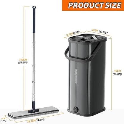 Flat Mop and Bucket for Home with Extra Refills, Stainless Steel Mop and Bucket with Wringer, Hands-Free Mop, Wet and Dry Use Mop with Long Handle (Black)