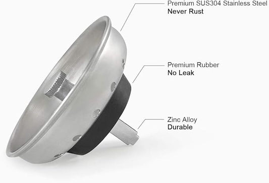 GZILA 2 PCS Kitchen Sink Drain Strainer Replacement for 3-1/2 Inch Standard Drain, Basket Rubber Stopper, 304 Stainless Steel Brushed Nickel Metal Knob
