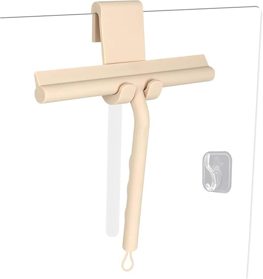Squeegee for Shower Glass Doors, Resilient Loop - No-Drill & Adhesive Hook, Silicone Shower Squeegee with Stainless Steel Core, Cleaning Tool for Home, Kitchen, Bathroom & Car - Beige