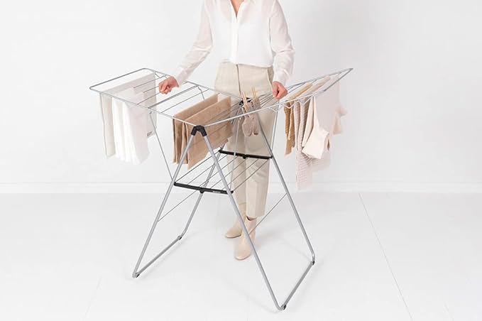 Brabantia HangOn Clothes Drying Rack | 67ft (20m) | Metallic Gray | Large Indoor Clothes Airer Laundry Stand with 2 Fold-Out Wings & Hanger Hooks, Folds Flat | Fits 2 Full Loads