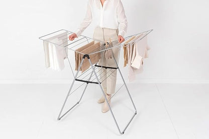 Brabantia HangOn Clothes Drying Rack | 67ft (20m) | Metallic Gray | Large Indoor Clothes Airer Laundry Stand with 2 Fold-Out Wings & Hanger Hooks, Folds Flat | Fits 2 Full Loads