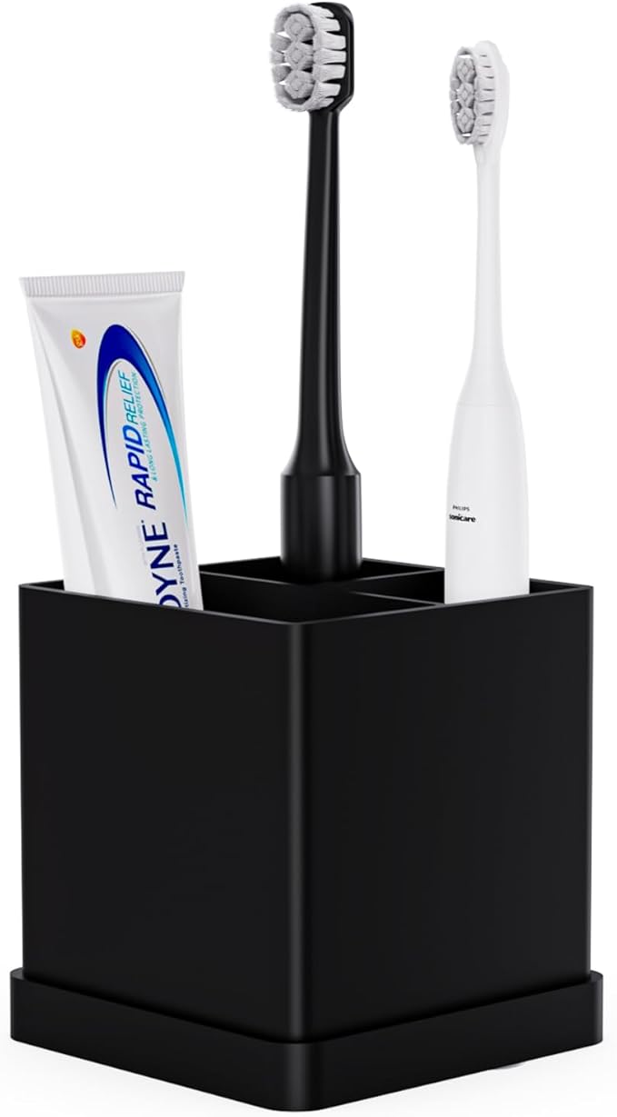 Toothbrush Holders for Bathrooms, 3 Slots Kids Countertop Silicone Electric Tooth Brush and Toothpaste Holder Organizer Stand with Drainage Tray, Bathroom Accessories Decor, Black