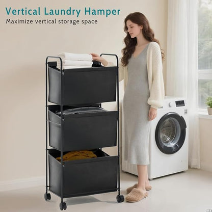 125L Vertical Laundry Hamper with Wheels, 3 Section Large Rolling Laundry Sorter with Detachable Inners, Metal Clothes Hamper Laundry Baskets Organizer for Bathroom, Bedroom, Dorm (Black)