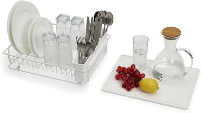 SunnyPoint 304 Stainless Steel Dish Drying Rack with Diatomaceous Earth Drainboard & Removable Utensil Caddy – Rust Resistant Countertop Dish Rack for Kitchen (White)