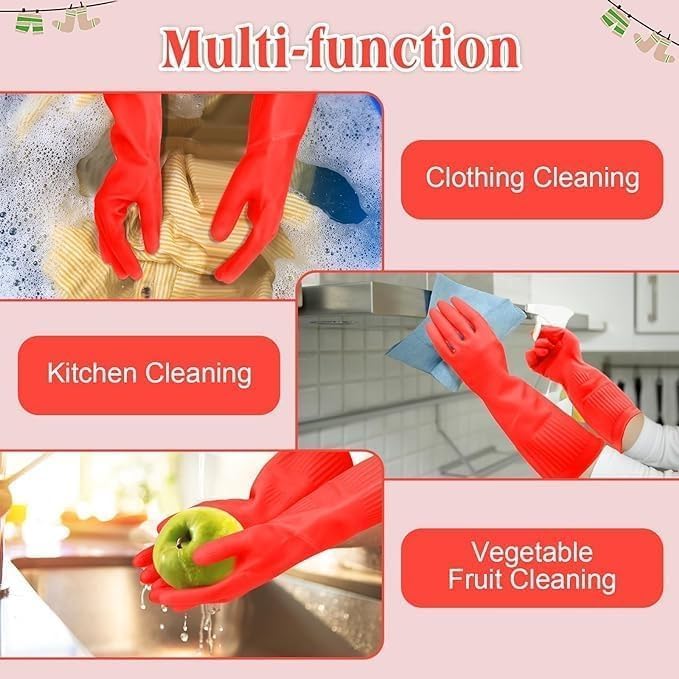 Latex Rubber Cleaning Gloves | Long Sleeve Waterproof Dishwashing, Kitchen, Bathroom, and Garden Gloves | 2 Pair Set (Pink & Red) for Hand Care and Protection