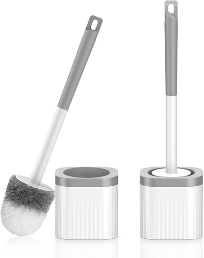 Toilet Brush, 2 Pack Compact Toilet Bowl Brush and Holder Set with Nylon Bristles Toilet Cleaner Brush Hidden Toilet Scrubber Brush for Bathroom Cleaning, Grey & White