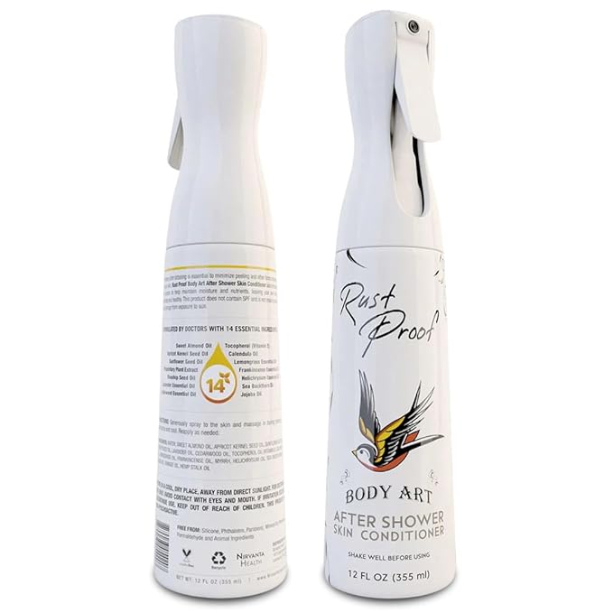 Rust Proof After-Shower Skin Conditioner 12 fl oz – Spray Lotion That Locks in Moisture with 14 Essential Oils – Lightweight Tattoo Aftercare Spray to Hydrate, Nourish & Help Maintain Vibrant Tattoos