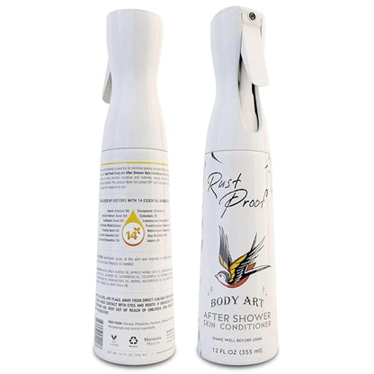 Rust Proof After-Shower Skin Conditioner 12 fl oz – Spray Lotion That Locks in Moisture with 14 Essential Oils – Lightweight Tattoo Aftercare Spray to Hydrate, Nourish & Help Maintain Vibrant Tattoos