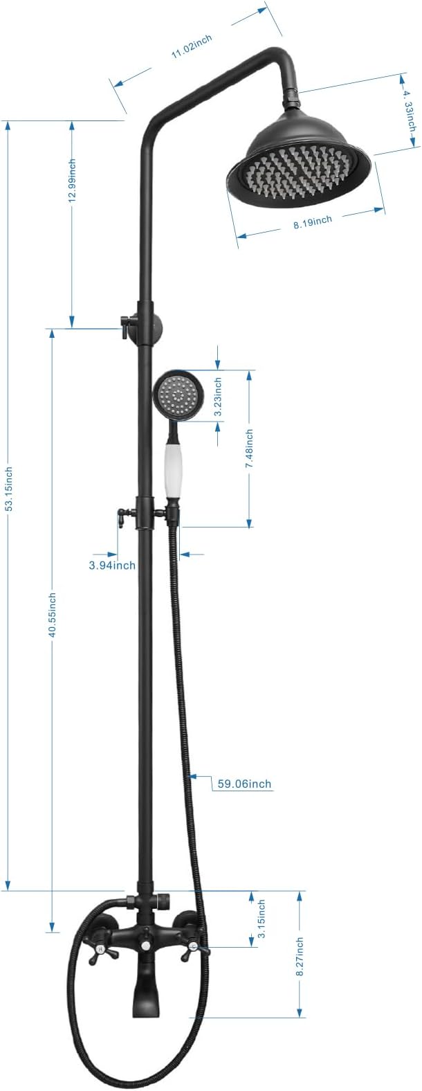 BWE Shower Fixture Matte Black Triple Function with Adjustable Hand Sprayer and Tub Spout High Pressure Rainfall Shower Head Fixture Wall Mount Complete Set