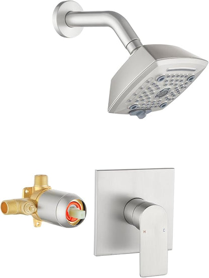 Brushed Nickel Shower Faucet Set 6 Setting Shower Head 5 Inch Shower Trim Kit Modern shower valve kit High Pressure Shower Fixtures Shower System