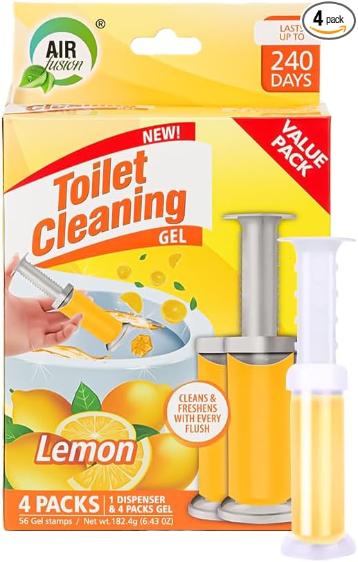 Toilet Cleaning Gel Lemon Scent. Pack of 4 (6.43oz) with 56 Gel Stamps for Continuous Toilet Cleaning, Deodorizing & Fruity Freshness.