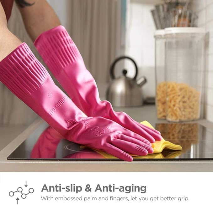 Latex Rubber Cleaning Gloves | Long Sleeve Waterproof Dishwashing, Kitchen, Bathroom, and Garden Gloves | 2 Pair Set (Pink & Red) for Hand Care and Protection