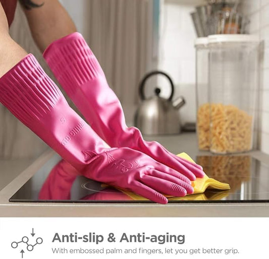Latex Rubber Cleaning Gloves | Long Sleeve Waterproof Dishwashing, Kitchen, Bathroom, and Garden Gloves | 2 Pair Set (Pink & Red) for Hand Care and Protection