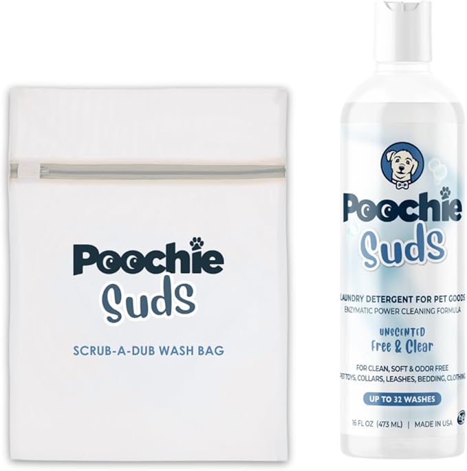 Poochie Suds Pet Laundry Detergent, Enzyme Cleaner and Odor Remover, Hypoallergenic and Fragrance-Free Pet Safe Detergent for Dog and Cat Bedding, Blankets, Toys and Gear, Made in USA, 16 fl oz