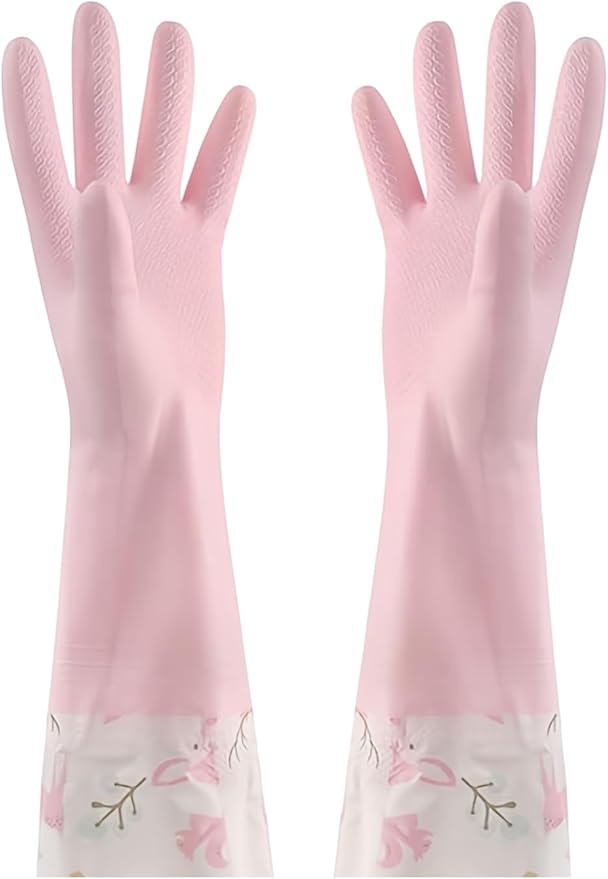 M Size Fleece Lined Cleaning Gloves, Waterproof PVC Household Gloves for Kitchen Dishwashing