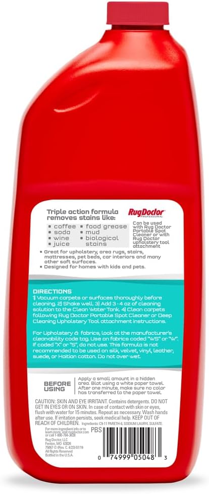 Rug Doctor Spot + Upholstery Cleaner; Triple Action Concentrated Formula 32 oz., Oxy Cleaning Power, Deep Cleans, Deodorizes and Protects Upholstery & Soft Surfaces
