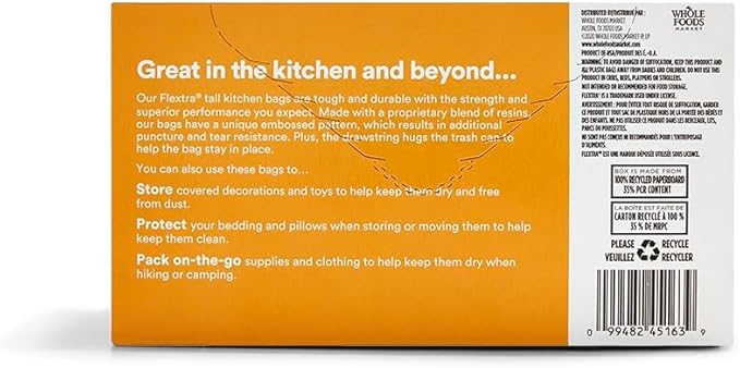365 by Whole Foods Market, Flextra Strength Drawstring Tall Kitchen Trash Bags, 13 Gallon, 38 Count