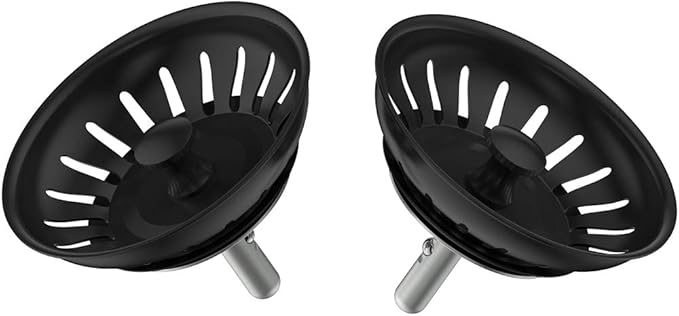 KANARY Kitchen Sink Basket Strainer Replacement for Standard Drains (3-1/2 Inch) Stainless Steel Body with Rubber Stopper (Pack of 2, Matte Black)