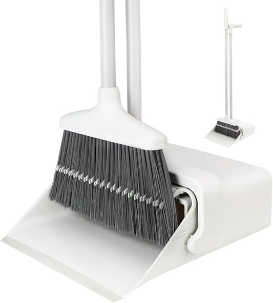 CQT Broom and Dustpan Set with Handle, Brush and Dustpan Set for Home Kitchen Cleaner Floor Sweeping Upright Stand Up Dust pan Cleans Combo (White)